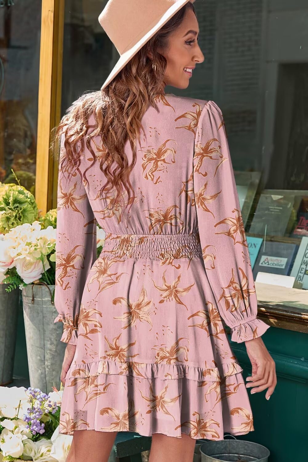 image:imageDokotoo Womens Casual Spring Fall 2025 Deep V Neck Knotted Tiered Chiffon Elegant Mini Short Swing Skater Dresses4 Pink