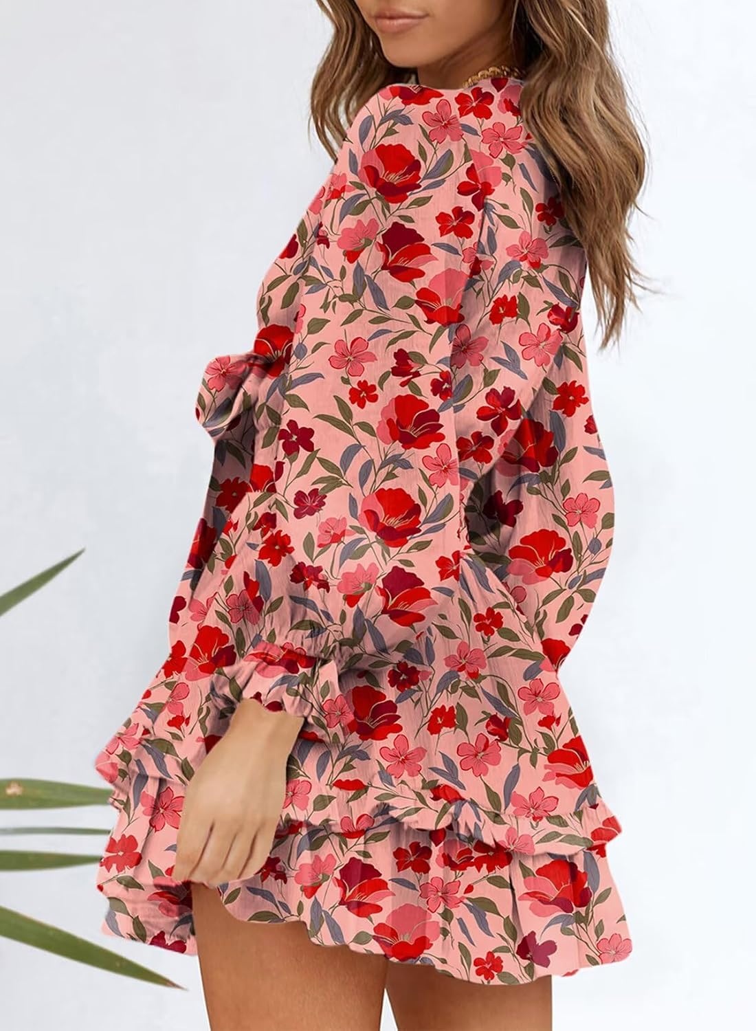 image:imageDokotoo Womens Casual Spring Fall 2025 Deep V Neck Knotted Tiered Chiffon Elegant Mini Short Swing Skater Dresses4 Red
