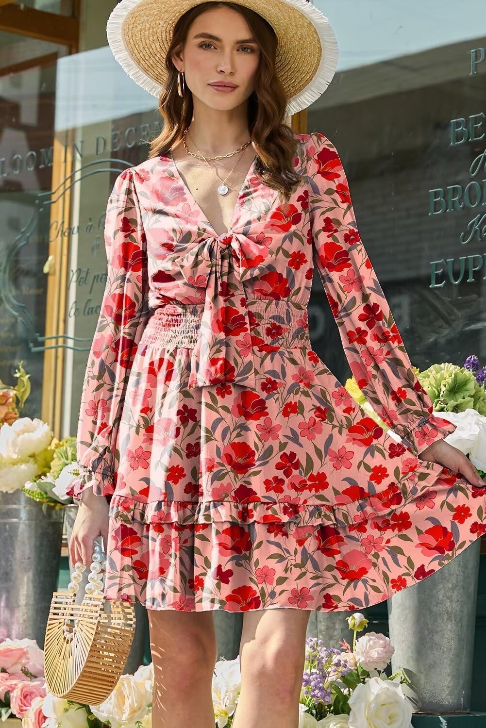 image:imageDokotoo Womens Casual Spring Fall 2025 Deep V Neck Knotted Tiered Chiffon Elegant Mini Short Swing Skater Dresses4 Red