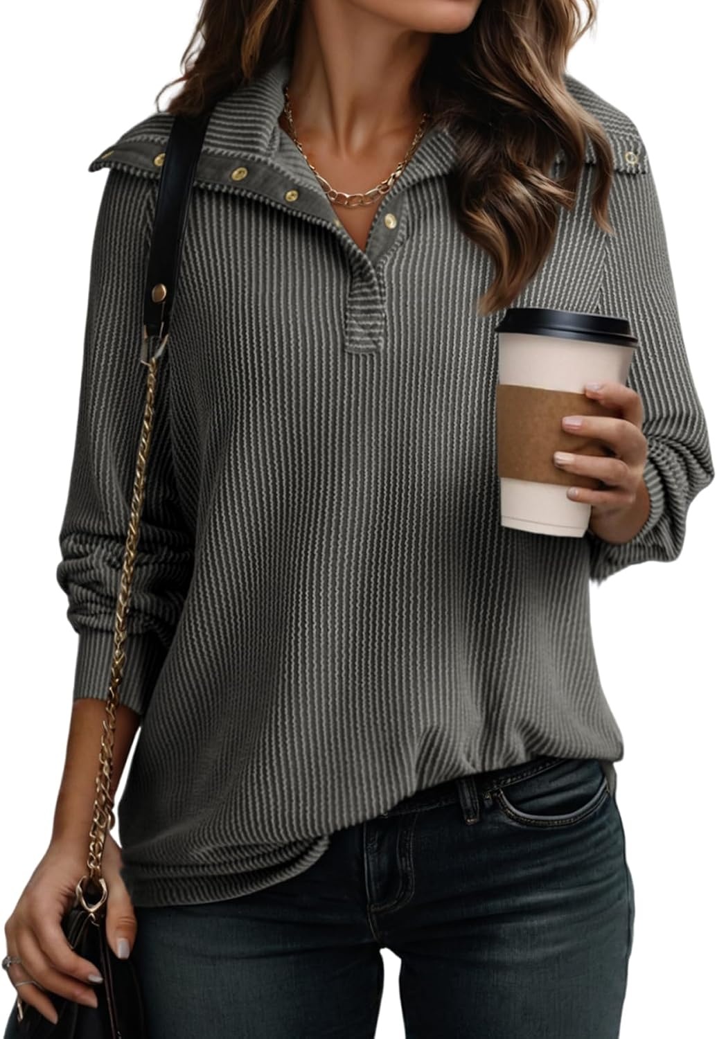 image:imageDokotoo Womens Casual Sweatshirt Long Sleeve Button V Neck Loose Knitted Pullover Sweatshirt Tops