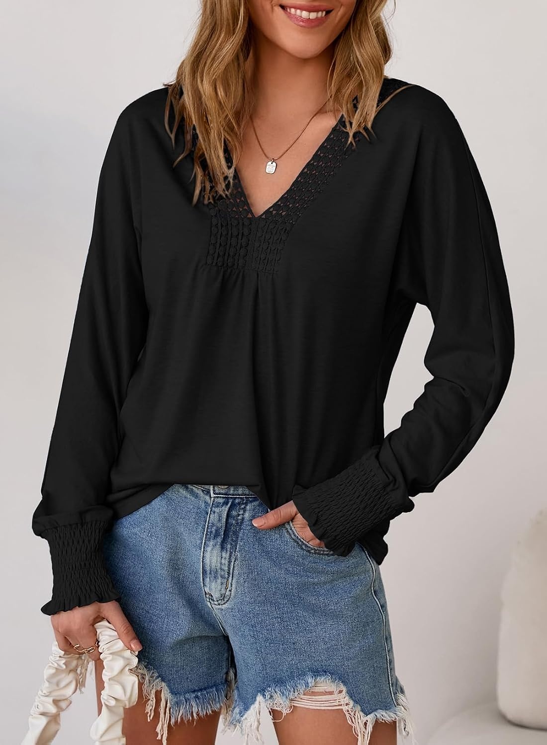 image:imageDokotoo Womens Casual V Neck Long Sleeve Shirts Loose Tunic Tops Tee BlouseBlack