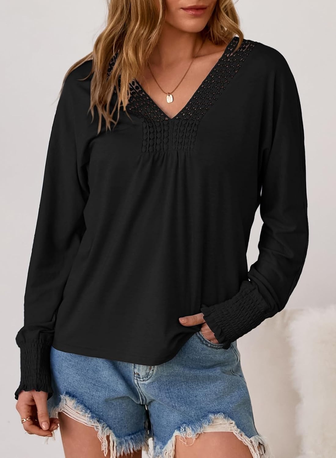image:imageDokotoo Womens Casual V Neck Long Sleeve Shirts Loose Tunic Tops Tee BlouseBlack