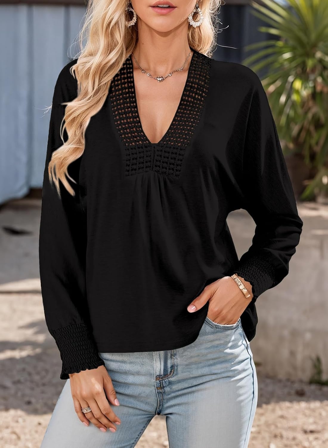 image:imageDokotoo Womens Casual V Neck Long Sleeve Shirts Loose Tunic Tops Tee BlouseBlack