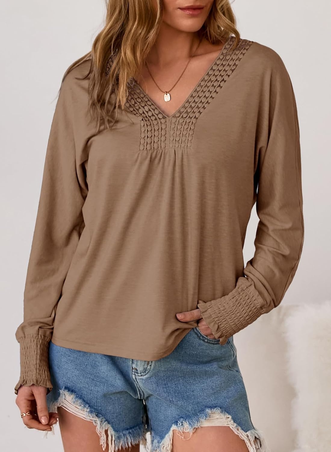 image:imageDokotoo Womens Casual V Neck Long Sleeve Shirts Loose Tunic Tops Tee BlouseBrown