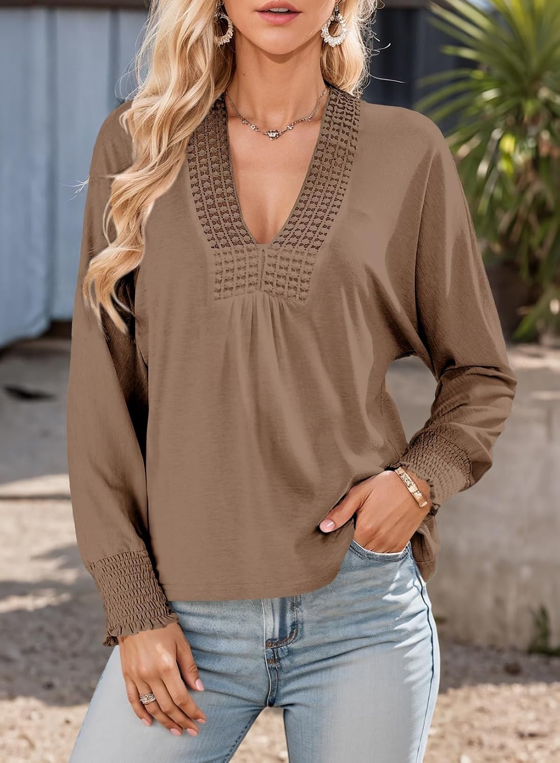 image:imageDokotoo Womens Casual V Neck Long Sleeve Shirts Loose Tunic Tops Tee BlouseBrown