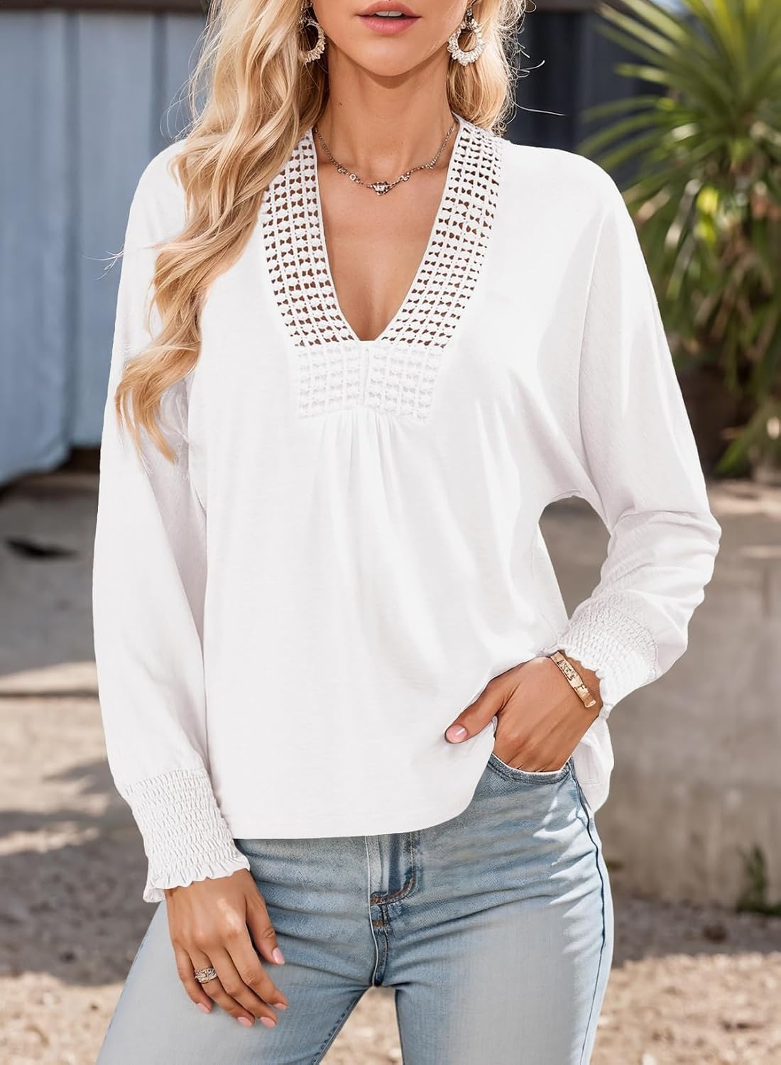 image:imageDokotoo Womens Casual V Neck Long Sleeve Shirts Loose Tunic Tops Tee BlouseWhite