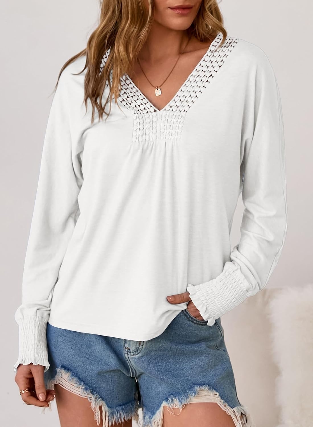 image:imageDokotoo Womens Casual V Neck Long Sleeve Shirts Loose Tunic Tops Tee BlouseWhite
