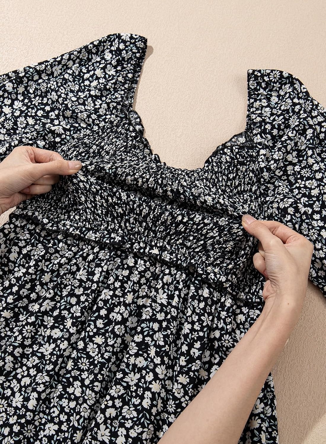 image:imageDokotoo Womens Dresses Boho Floral Smocked Empire Waist Square Neck Long Sleeve Button Maxi Dress Beach Vacation SundressesBlack 10220