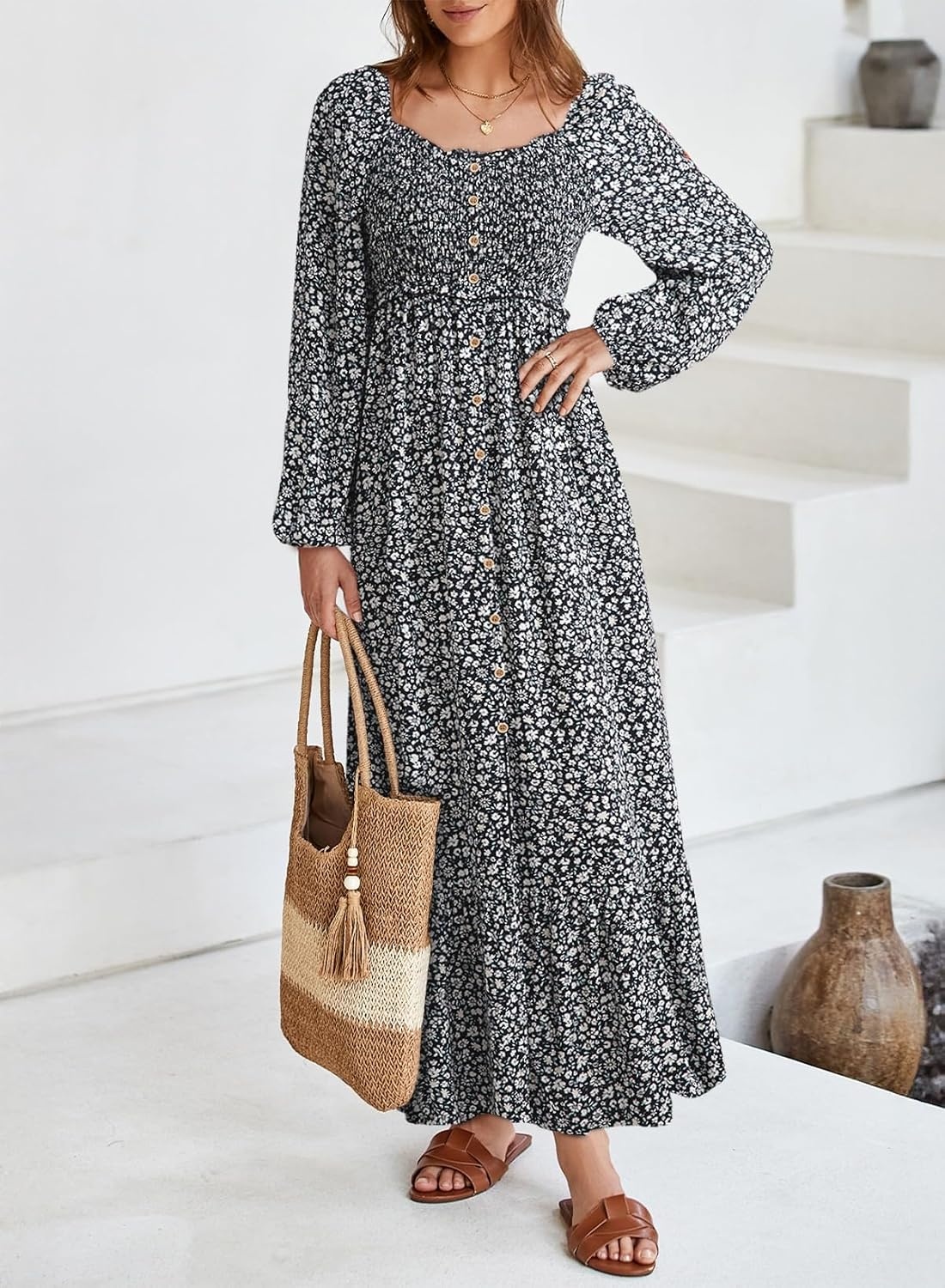 image:imageDokotoo Womens Dresses Boho Floral Smocked Empire Waist Square Neck Long Sleeve Button Maxi Dress Beach Vacation SundressesBlack 10220