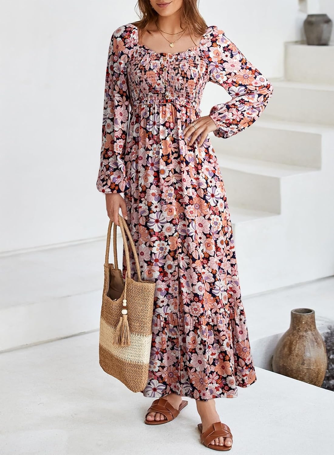 image:imageDokotoo Womens Dresses Boho Floral Smocked Empire Waist Square Neck Long Sleeve Button Maxi Dress Beach Vacation SundressesBlack