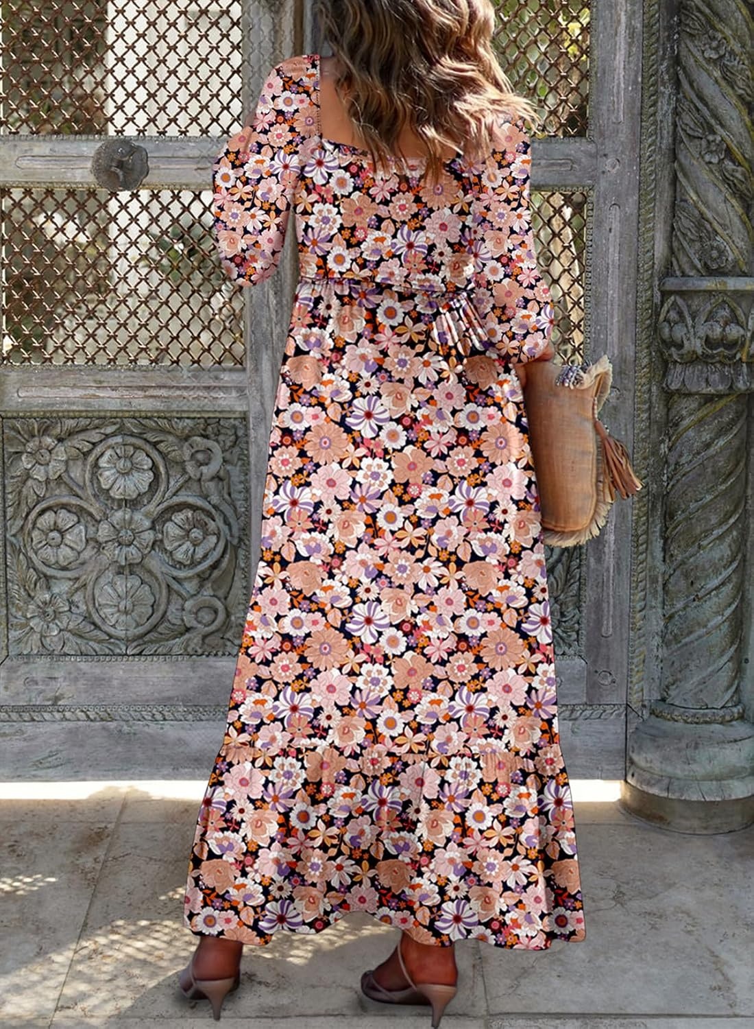 image:imageDokotoo Womens Dresses Boho Floral Smocked Empire Waist Square Neck Long Sleeve Button Maxi Dress Beach Vacation SundressesBlack