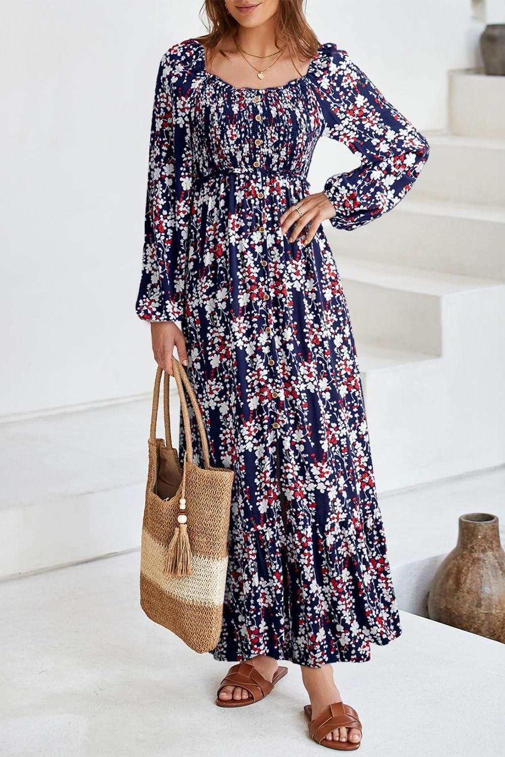 image:imageDokotoo Womens Dresses Boho Floral Smocked Empire Waist Square Neck Long Sleeve Button Maxi Dress Beach Vacation SundressesBlue 10520