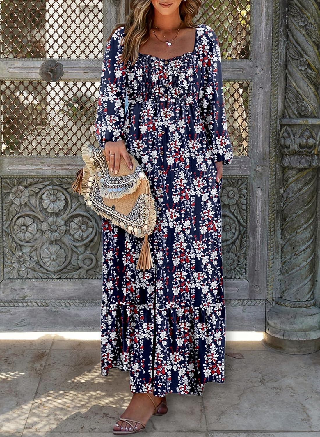 image:imageDokotoo Womens Dresses Boho Floral Smocked Empire Waist Square Neck Long Sleeve Button Maxi Dress Beach Vacation SundressesBlue 10520