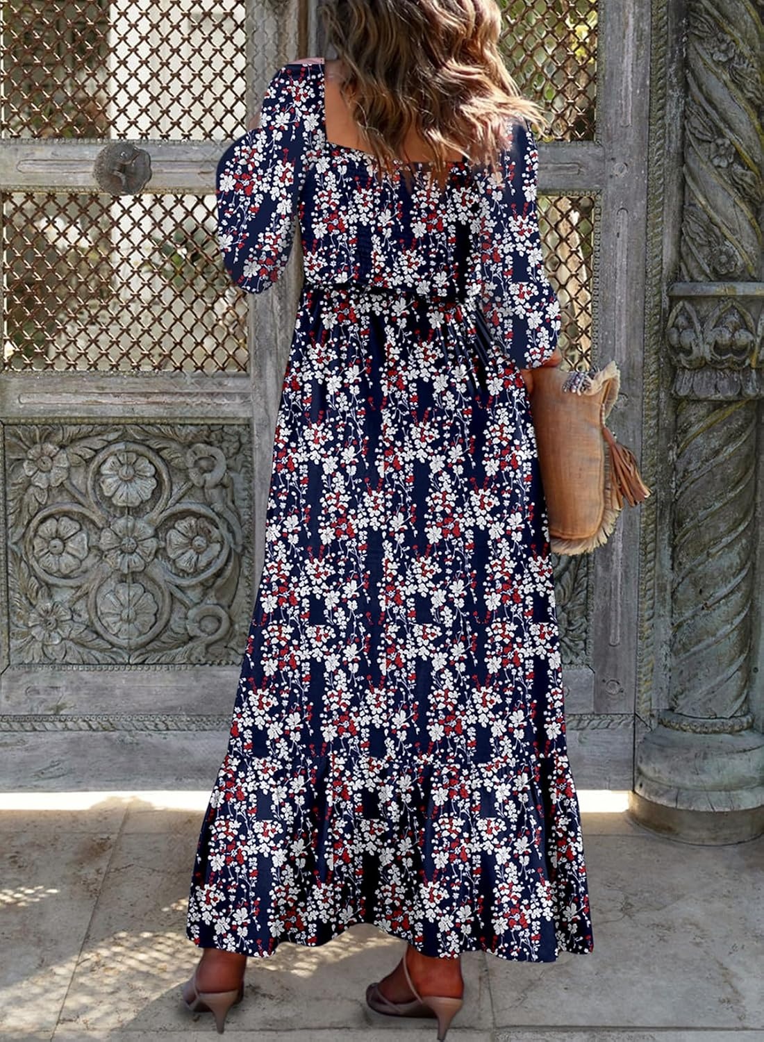 image:imageDokotoo Womens Dresses Boho Floral Smocked Empire Waist Square Neck Long Sleeve Button Maxi Dress Beach Vacation SundressesBlue 10520
