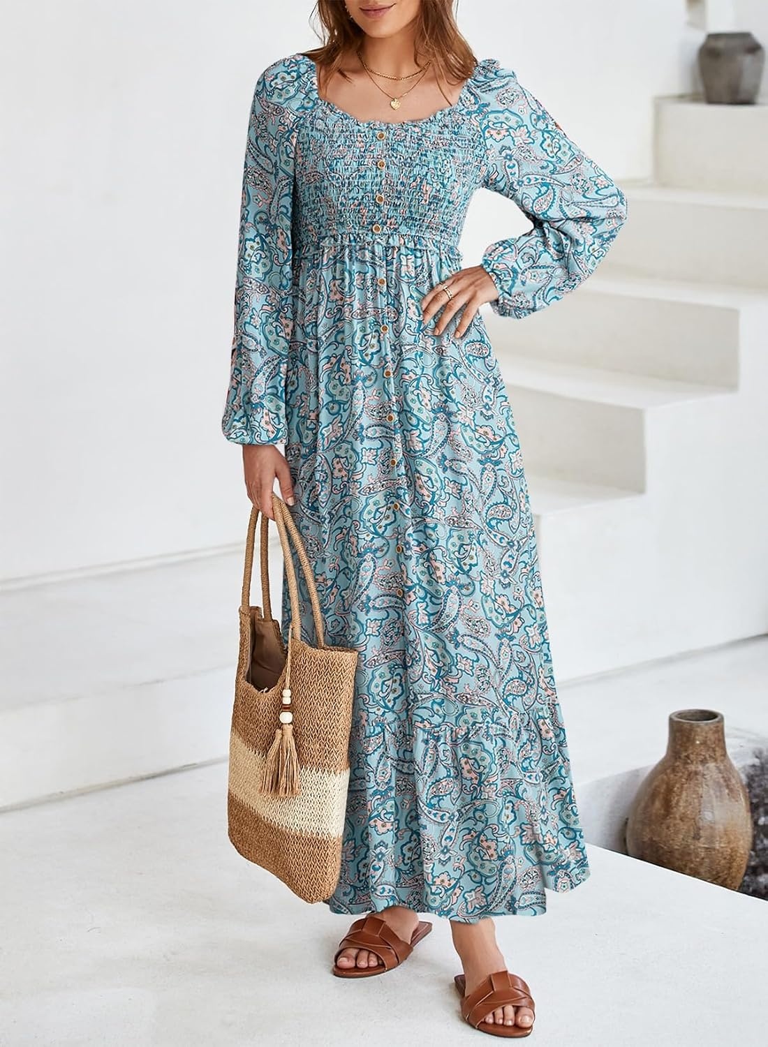image:imageDokotoo Womens Dresses Boho Floral Smocked Empire Waist Square Neck Long Sleeve Button Maxi Dress Beach Vacation SundressesBlue