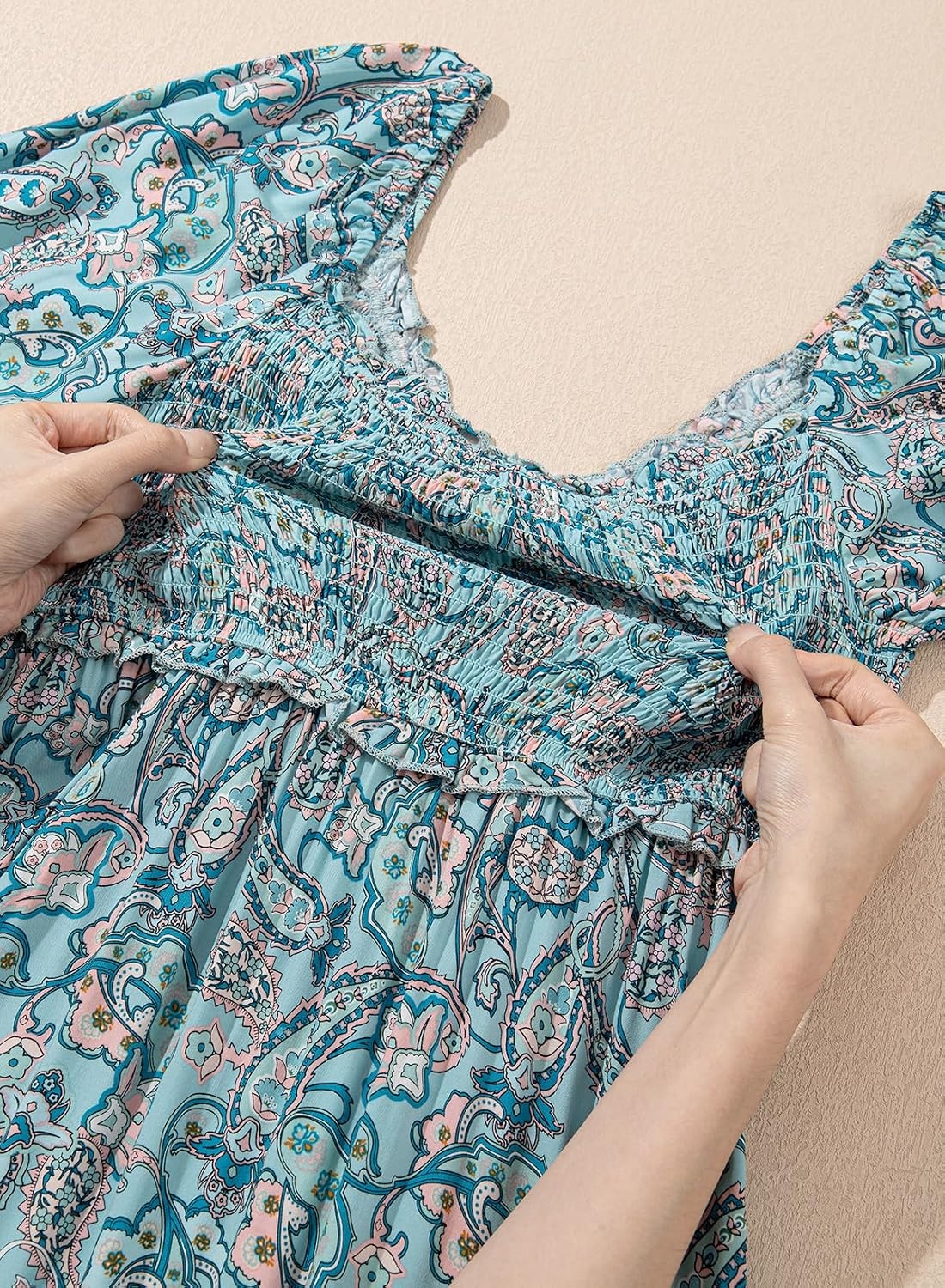 image:imageDokotoo Womens Dresses Boho Floral Smocked Empire Waist Square Neck Long Sleeve Button Maxi Dress Beach Vacation SundressesBlue