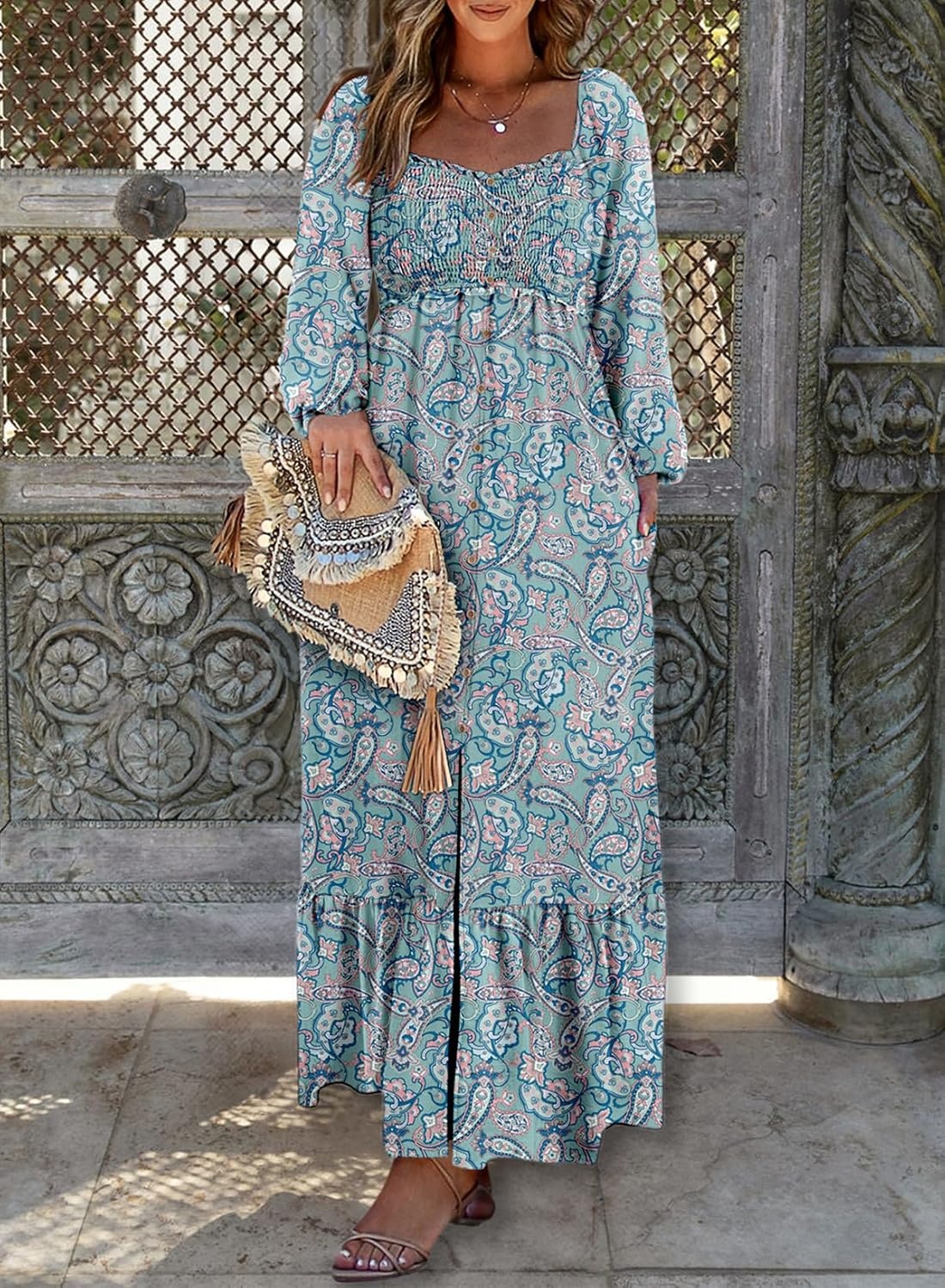 image:imageDokotoo Womens Dresses Boho Floral Smocked Empire Waist Square Neck Long Sleeve Button Maxi Dress Beach Vacation SundressesBlue