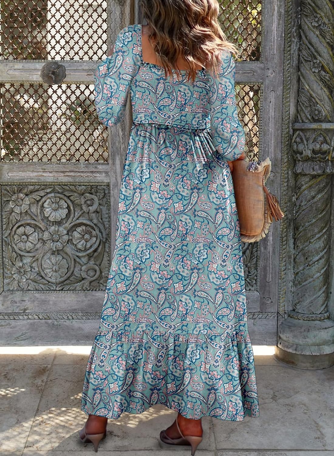 image:imageDokotoo Womens Dresses Boho Floral Smocked Empire Waist Square Neck Long Sleeve Button Maxi Dress Beach Vacation SundressesBlue