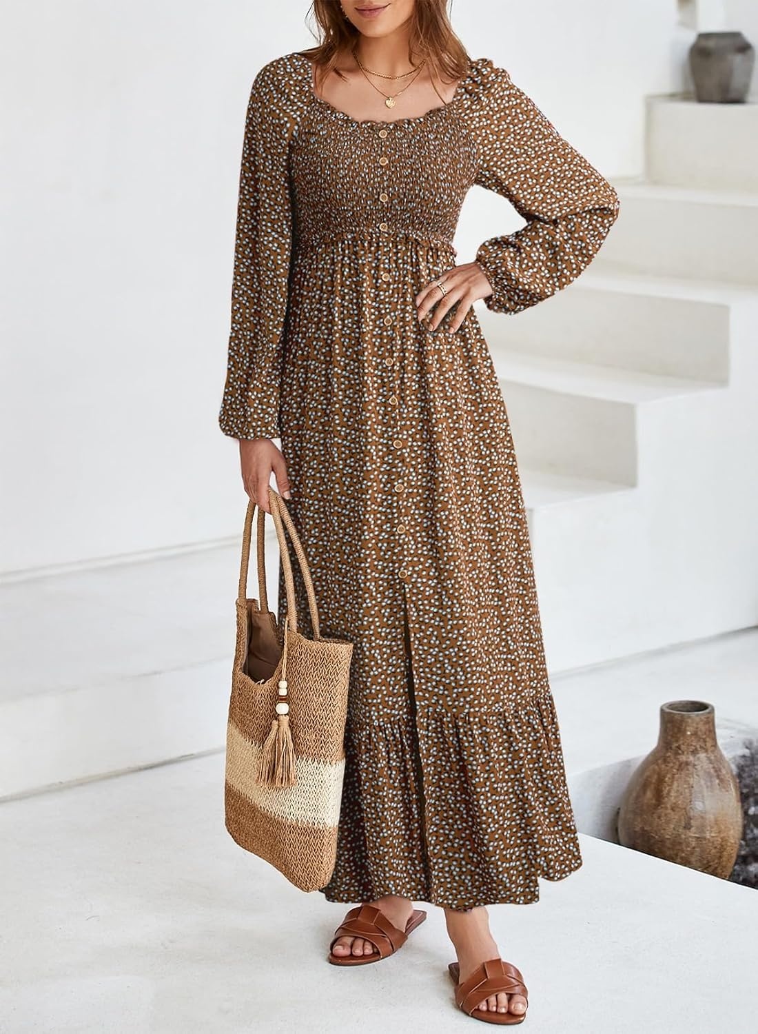 image:imageDokotoo Womens Dresses Boho Floral Smocked Empire Waist Square Neck Long Sleeve Button Maxi Dress Beach Vacation SundressesBrown