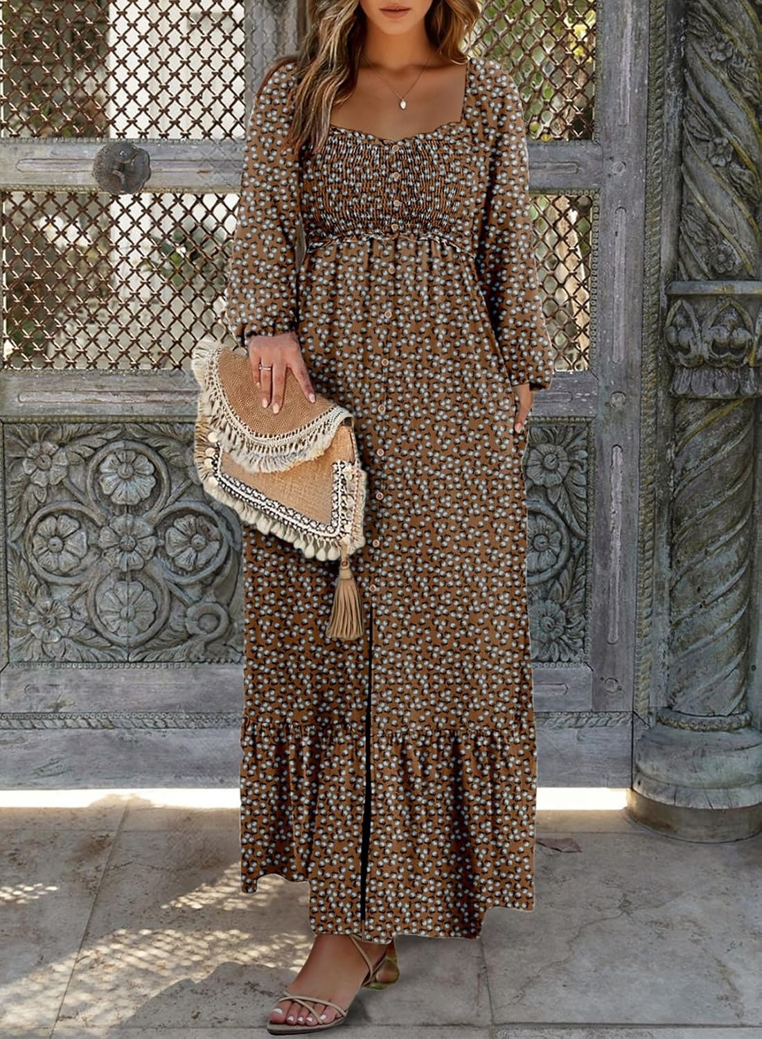 image:imageDokotoo Womens Dresses Boho Floral Smocked Empire Waist Square Neck Long Sleeve Button Maxi Dress Beach Vacation SundressesBrown