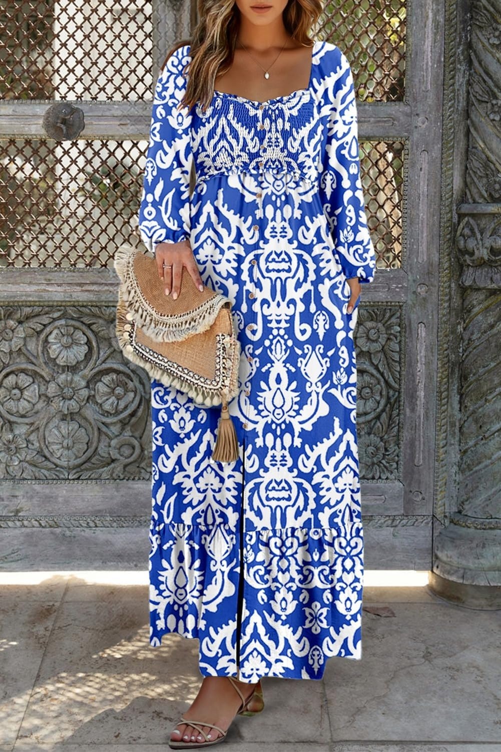 image:imageDokotoo Womens Dresses Boho Floral Smocked Empire Waist Square Neck Long Sleeve Button Maxi Dress Beach Vacation SundressesDark Blue