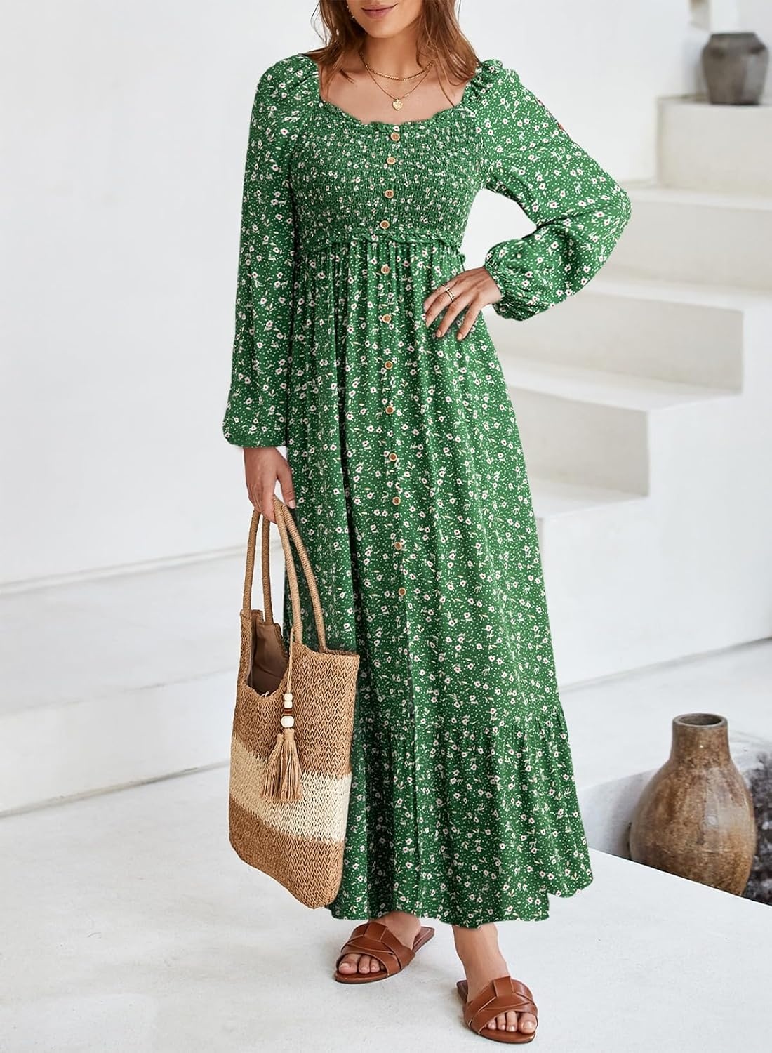 image:imageDokotoo Womens Dresses Boho Floral Smocked Empire Waist Square Neck Long Sleeve Button Maxi Dress Beach Vacation SundressesGreen 10920