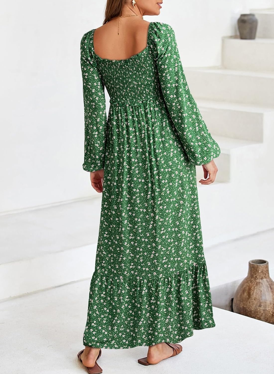 image:imageDokotoo Womens Dresses Boho Floral Smocked Empire Waist Square Neck Long Sleeve Button Maxi Dress Beach Vacation SundressesGreen 10920