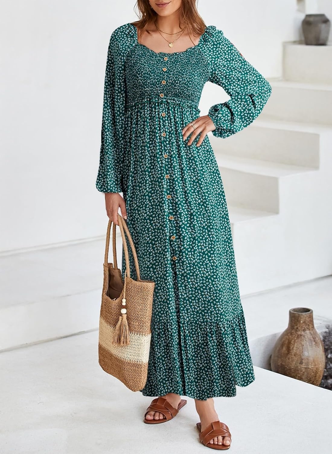 image:imageDokotoo Womens Dresses Boho Floral Smocked Empire Waist Square Neck Long Sleeve Button Maxi Dress Beach Vacation SundressesGreen