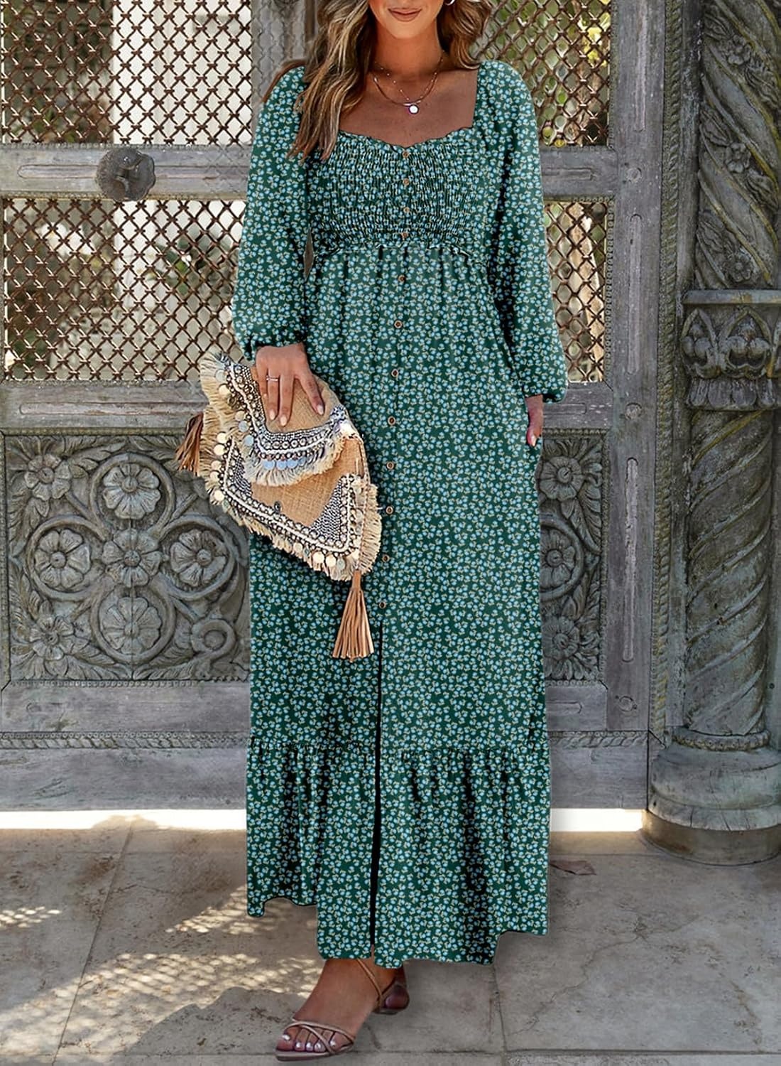 image:imageDokotoo Womens Dresses Boho Floral Smocked Empire Waist Square Neck Long Sleeve Button Maxi Dress Beach Vacation SundressesGreen