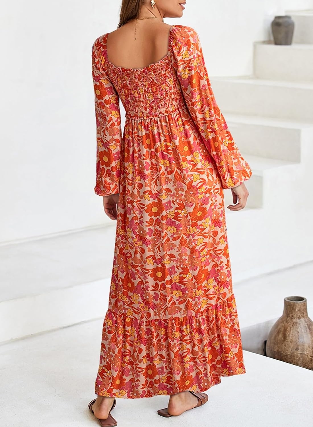 image:imageDokotoo Womens Dresses Boho Floral Smocked Empire Waist Square Neck Long Sleeve Button Maxi Dress Beach Vacation SundressesOrange