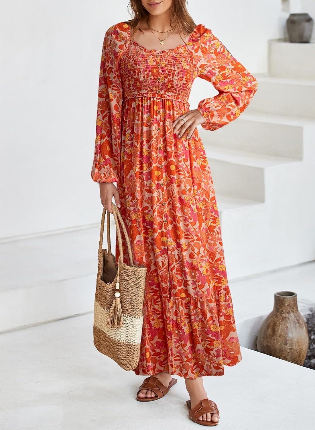image:imageDokotoo Womens Dresses Boho Floral Smocked Empire Waist Square Neck Long Sleeve Button Maxi Dress Beach Vacation SundressesOrange