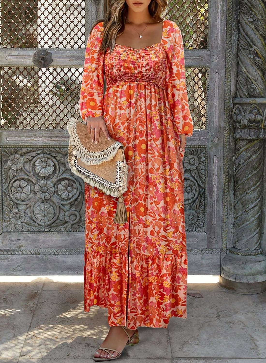 image:imageDokotoo Womens Dresses Boho Floral Smocked Empire Waist Square Neck Long Sleeve Button Maxi Dress Beach Vacation SundressesOrange