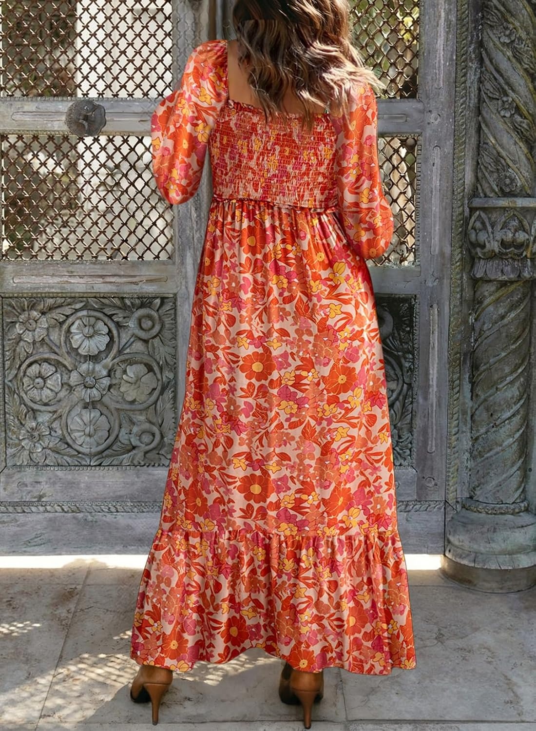 image:imageDokotoo Womens Dresses Boho Floral Smocked Empire Waist Square Neck Long Sleeve Button Maxi Dress Beach Vacation SundressesOrange