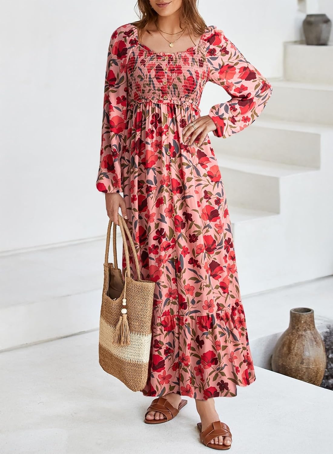 image:imageDokotoo Womens Dresses Boho Floral Smocked Empire Waist Square Neck Long Sleeve Button Maxi Dress Beach Vacation SundressesPink