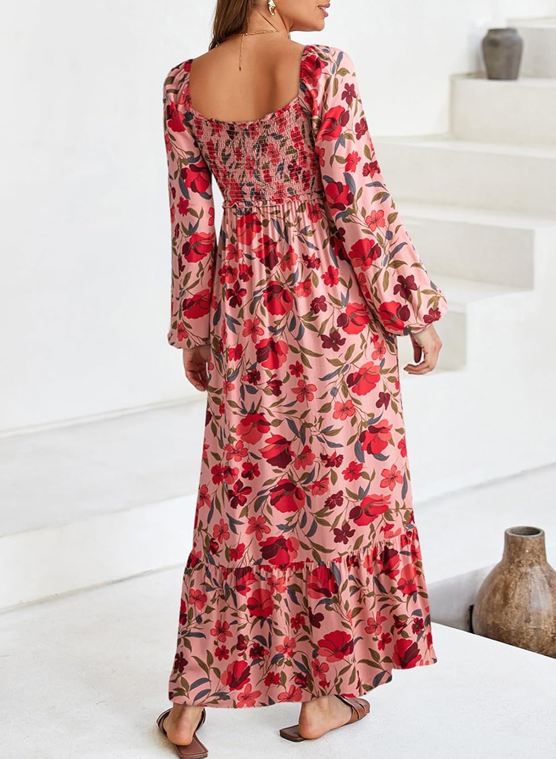 image:imageDokotoo Womens Dresses Boho Floral Smocked Empire Waist Square Neck Long Sleeve Button Maxi Dress Beach Vacation SundressesPink