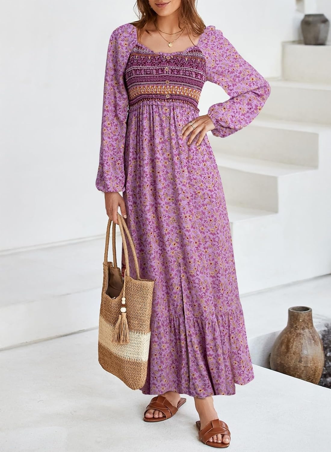 image:imageDokotoo Womens Dresses Boho Floral Smocked Empire Waist Square Neck Long Sleeve Button Maxi Dress Beach Vacation SundressesPurple