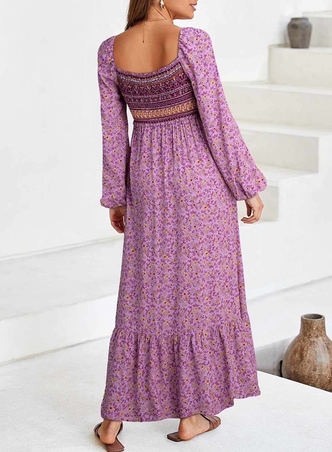image:imageDokotoo Womens Dresses Boho Floral Smocked Empire Waist Square Neck Long Sleeve Button Maxi Dress Beach Vacation SundressesPurple