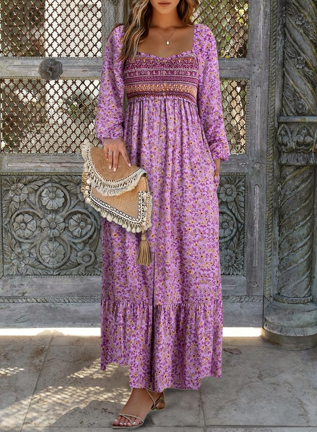 image:imageDokotoo Womens Dresses Boho Floral Smocked Empire Waist Square Neck Long Sleeve Button Maxi Dress Beach Vacation SundressesPurple