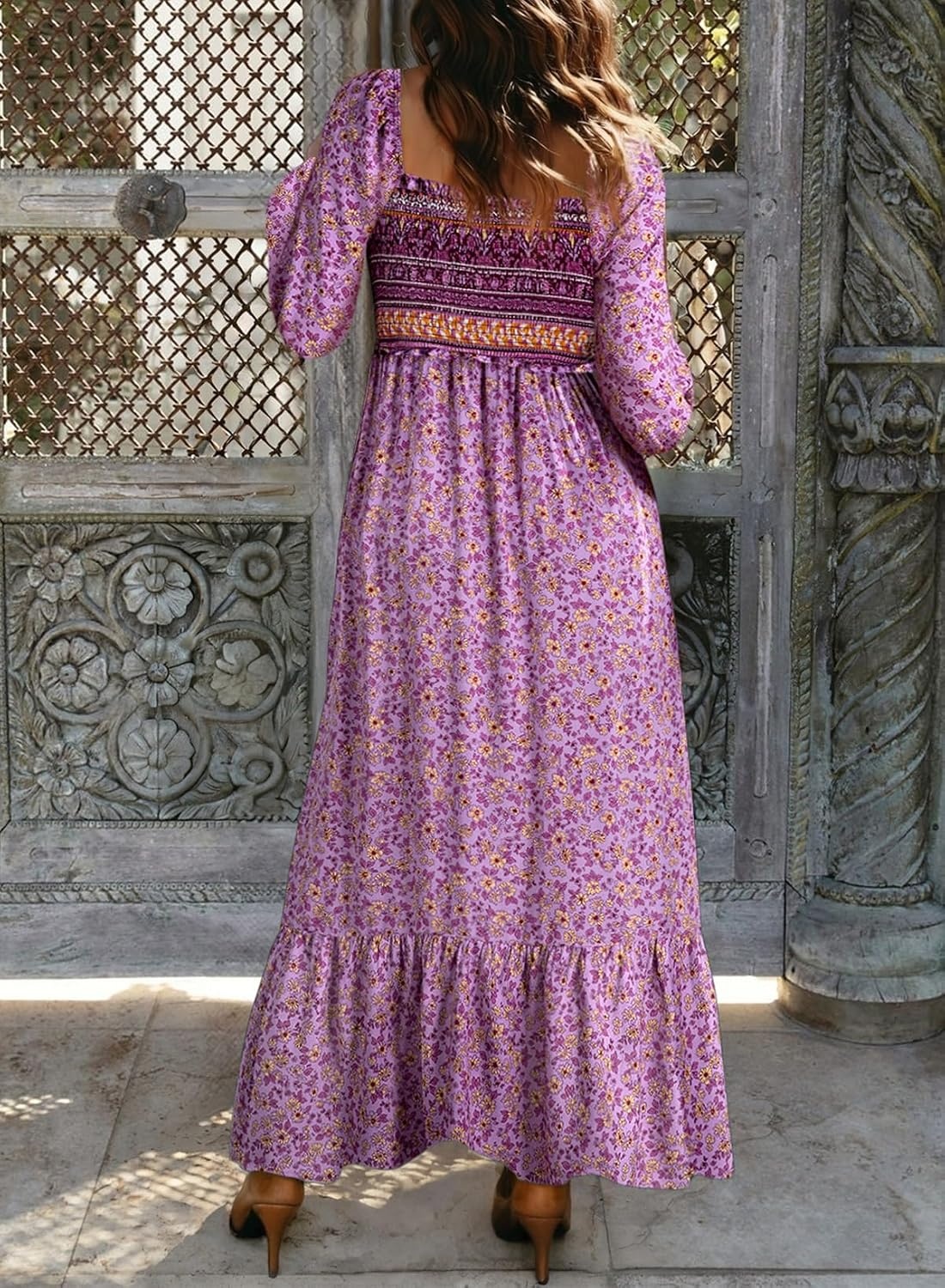 image:imageDokotoo Womens Dresses Boho Floral Smocked Empire Waist Square Neck Long Sleeve Button Maxi Dress Beach Vacation SundressesPurple