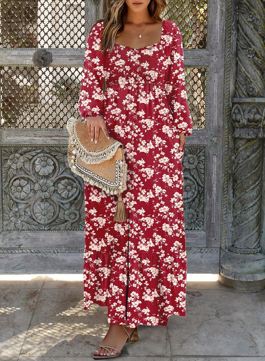image:imageDokotoo Womens Dresses Boho Floral Smocked Empire Waist Square Neck Long Sleeve Button Maxi Dress Beach Vacation SundressesRed
