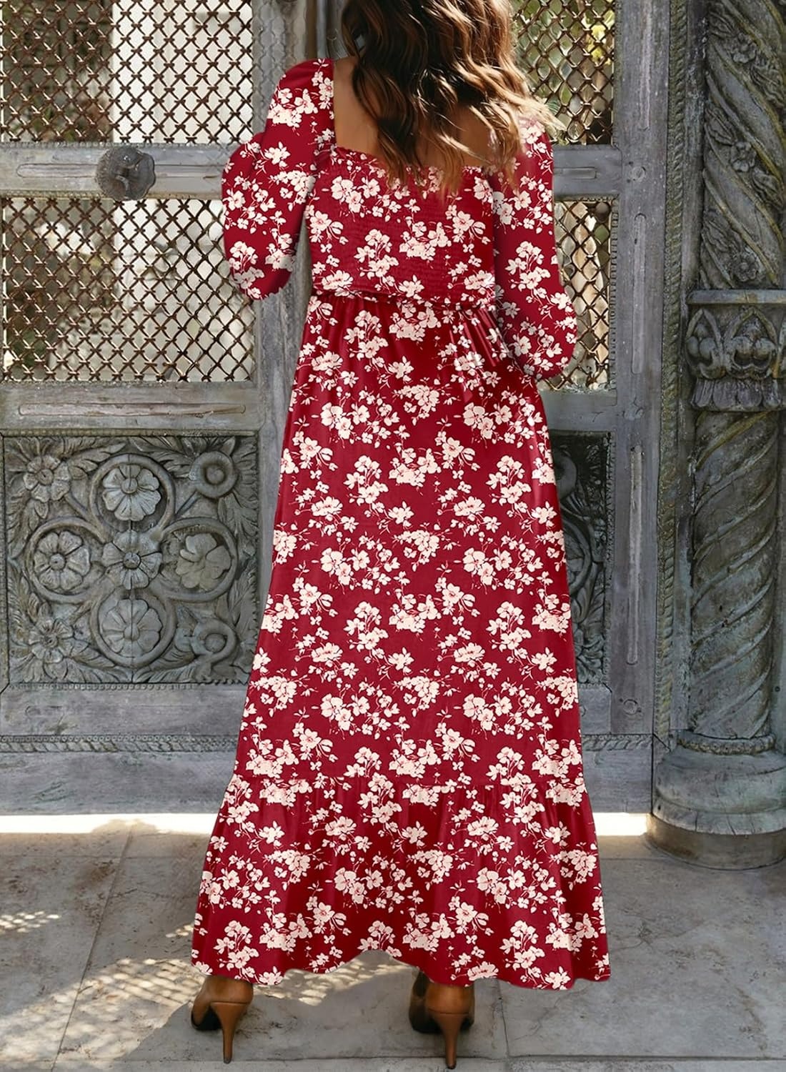 image:imageDokotoo Womens Dresses Boho Floral Smocked Empire Waist Square Neck Long Sleeve Button Maxi Dress Beach Vacation SundressesRed