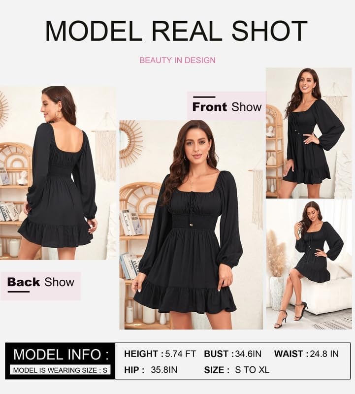 image:imageDokotoo Womens Dresses Fashion 2026 Long Puff Sleeve Elastic Waist ALine Casual Mini Beach DressBlack