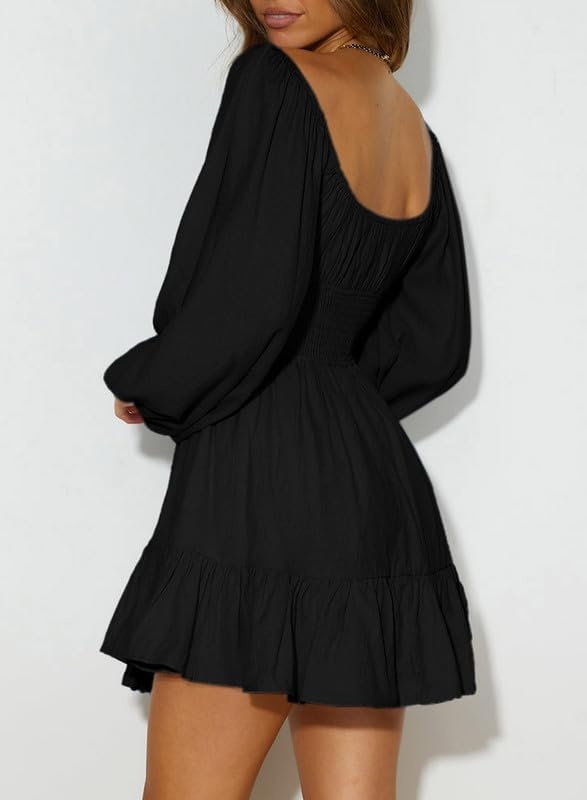 image:imageDokotoo Womens Dresses Fashion 2026 Long Puff Sleeve Elastic Waist ALine Casual Mini Beach DressBlack