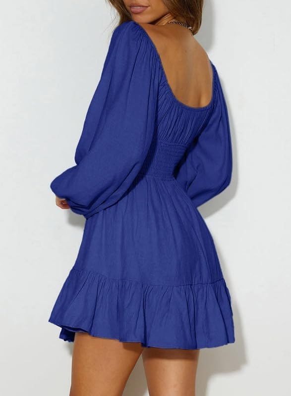 image:imageDokotoo Womens Dresses Fashion 2026 Long Puff Sleeve Elastic Waist ALine Casual Mini Beach DressDark Blue