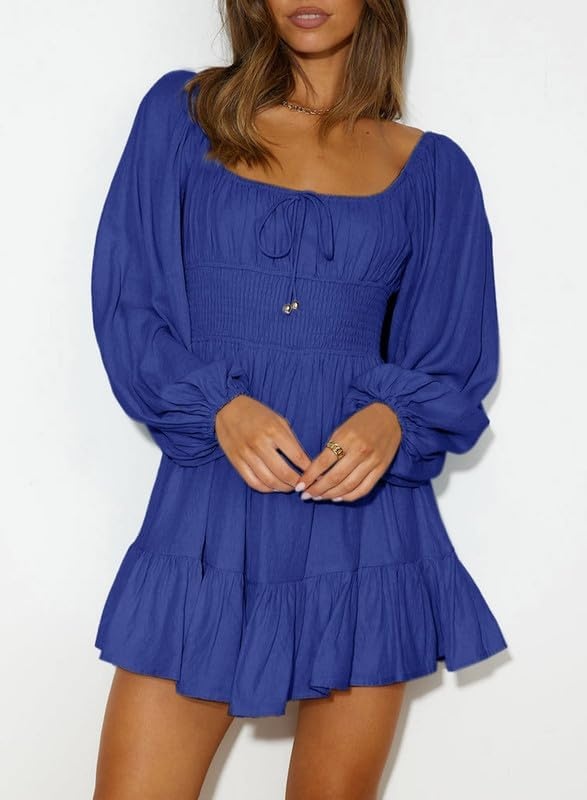image:imageDokotoo Womens Dresses Fashion 2026 Long Puff Sleeve Elastic Waist ALine Casual Mini Beach DressDark Blue