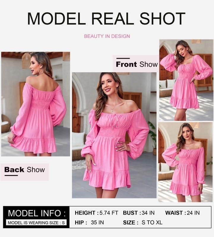 image:imageDokotoo Womens Dresses Fashion 2026 Long Puff Sleeve Elastic Waist ALine Casual Mini Beach DressPink