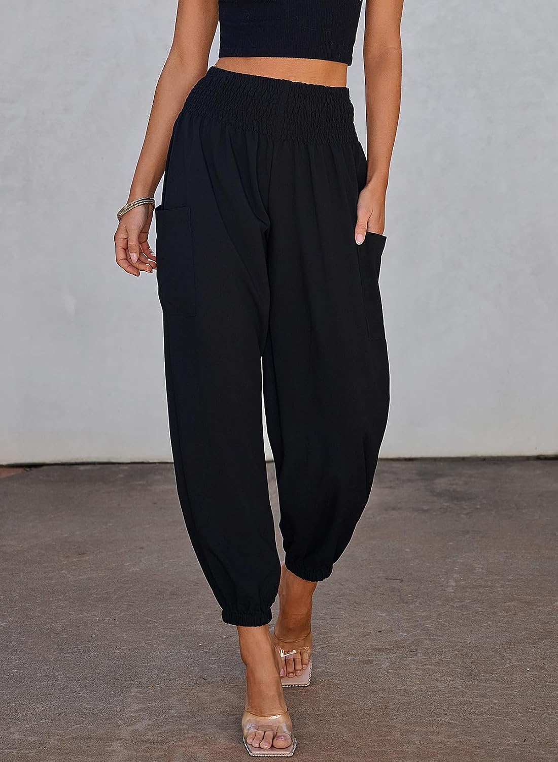 image:imageDokotoo Womens Fall Boho Business Casual Smocked 2026 High Waisted PantsBlack