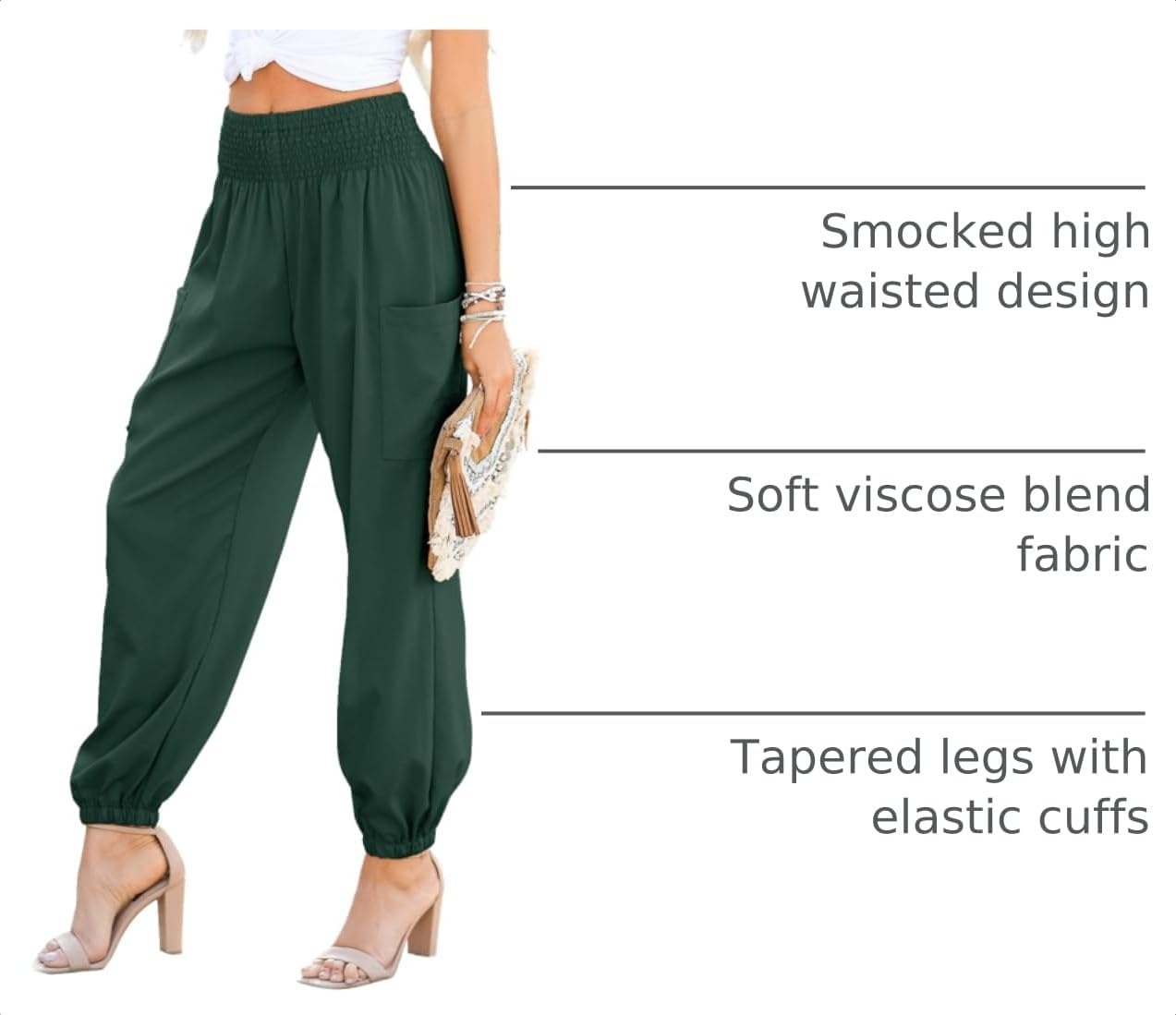 image:imageDokotoo Womens Fall Boho Business Casual Smocked 2026 High Waisted PantsBlackish Green