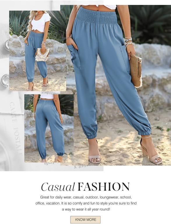 image:imageDokotoo Womens Fall Boho Business Casual Smocked 2026 High Waisted PantsDusk Blue