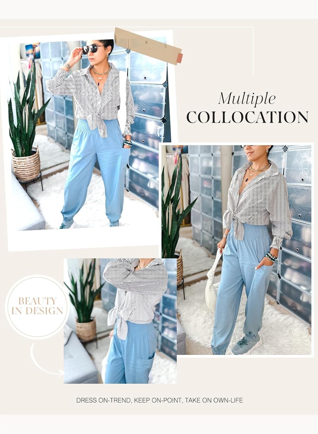image:imageDokotoo Womens Fall Boho Business Casual Smocked 2026 High Waisted PantsDusk Blue